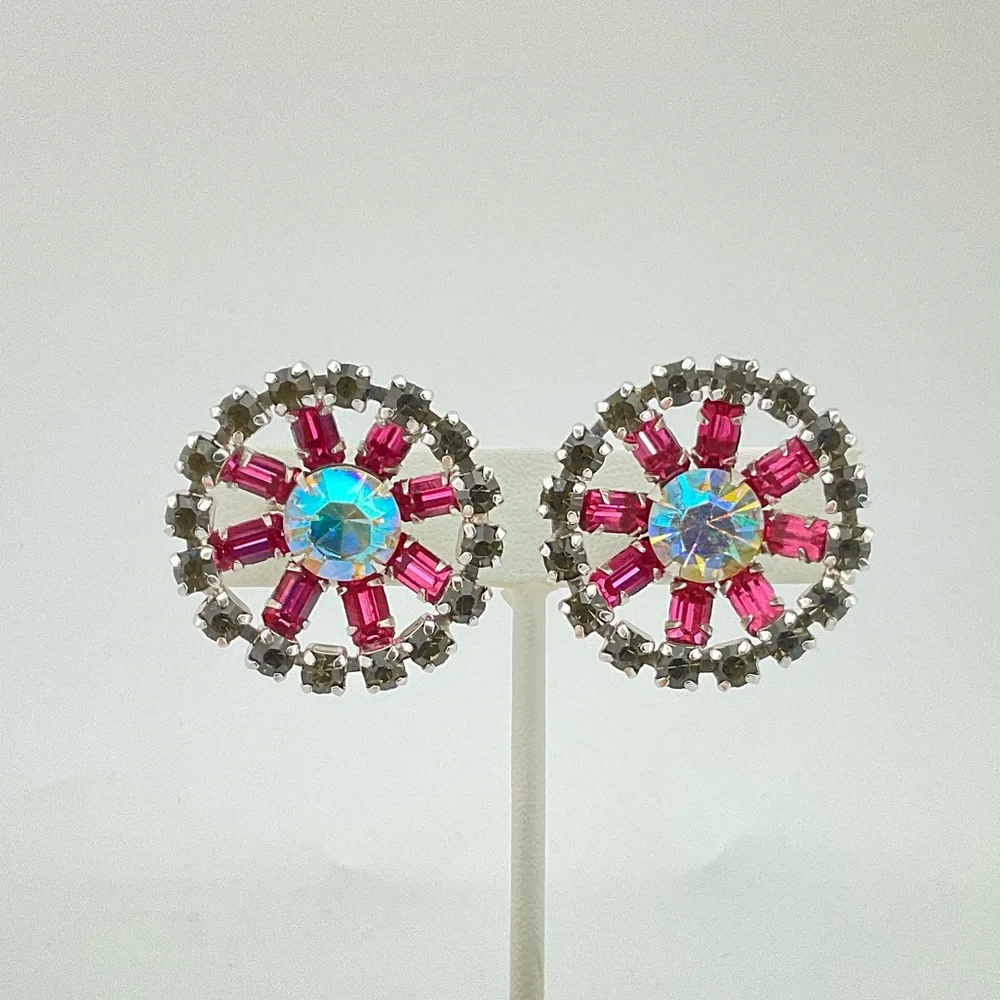 Coro Earrings, Signed, Pink AB & Gray Rhinestone Crystals, MCM, Super Sparkly